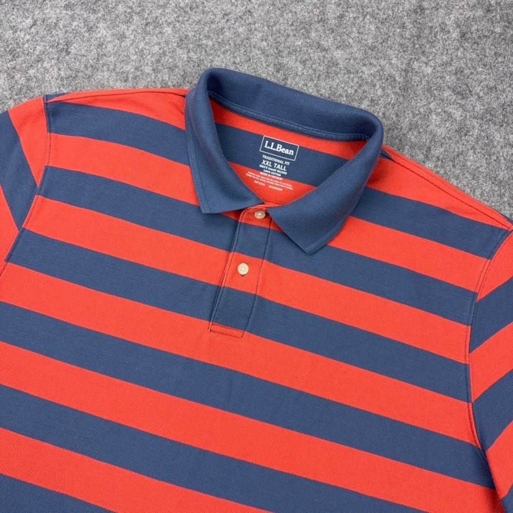 LL Bean Polo Shirt Mens 2XL Tall Red Blue Striped Traditional Fit Cotton Pique